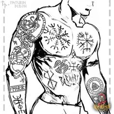 a drawing of a man with tattoos on his chest