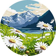 a painting of daisies and mountains in the background