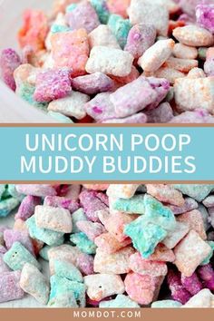 unicorn poop muddy buddies in a bowl with text overlay that reads, unicorn poop muddy buddies