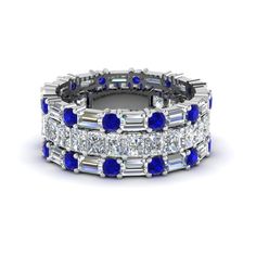 Shop 3 piece diamond eternity anniversary band with sapphire in 14K white gold at Fascinating Diamonds. This 8.3mm. Wedding Ring is simply designed to suit your persona. Anniversary Bands For Her, Diamond Jewelry Designs, Radiant Cut Diamond, Large Jewelry, Baguette Cut Diamond, Silver Jewelry Rings, Bling Rings, Jewelry Outfit, Eternity Band Diamond