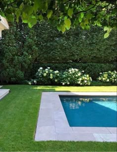 an empty swimming pool surrounded by lush green grass