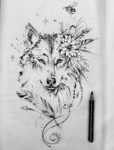 a drawing of a wolf with flowers on it's head and an arrow in the middle