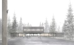 an artist's rendering of a building in the woods