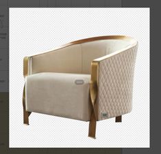 a white chair with gold trimmings and a beige upholstered backrest