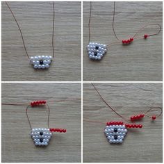 four different pictures of beaded items hanging from strings on a wooden surface with red and white beads