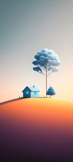 a house on a hill with a tree in the foreground and an orange sky behind it