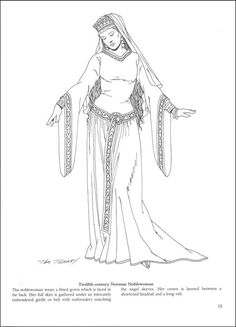 a drawing of a woman dressed in medieval clothing and holding her arms out to the side