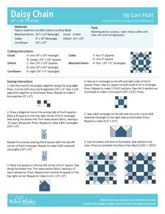 the pattern for daisy chain quilts is shown in blue and white, with instructions to make