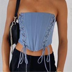 Blue Corset Top. Blue Cropped Fitted Tube Top, Blue Fitted Cropped Tube Top, Elegant Overbust Crop Top For Summer, Spring Bandage Bandeau Corset, Chic Blue Bandeau Crop Top, Blue Cropped Corset For Summer, Chic Blue Cropped Tube Top, Blue Overbust Corset For Party, Chic Cropped Blue Tube Top