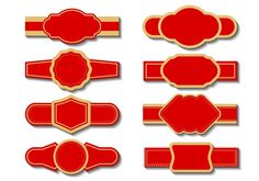 a set of red labels with gold trims