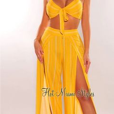 Yellow White Striped Spaghetti Straps Tie Up Double Slit Pants Two Piece Set Strap Pants, White Two Piece, Hot Miami Styles, Yellow Pants, Miami Fashion, Two Piece Set, Shopping List, Yellow White, White Stripe