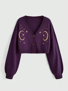 Purple Casual Collar Long Sleeve Fabric Galaxy  Embellished Slight Stretch  Women Clothing Moon Outfit Aesthetic, Aliencore Outfit, Star Outfit Aesthetic, Moon Cardigan, Violet Clothes, Goth Plus Size, Mode Purple, Hippie Cardigan, Drop Shoulder Cardigan