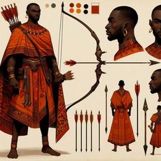 an image of african man with bow and arrow in various poses on white paper background