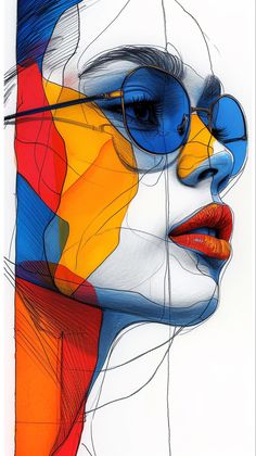 a drawing of a woman with sunglasses on her face and colorful lines in the background