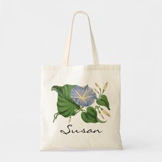 Carry everything in style with this personalized vintage tote bag. A beautiful vintage blue and white morning glory is nestled in its deep green leaves. Perfect tote bag for a gardener or person who just loves flowers. It's also a beautiful teacher gift. White Morning Glory, Vintage Tote Bag, Vintage Blue And White, Budget Fashion, Casual Accessories, Perfect Tote Bag, Morning Glory, Gifts For Wedding Party, Deep Green