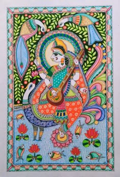 Navaratri Drawings, Madhubani Drawing, Madhubani Border, Pajamas Shorts, Madhubani Paintings, Durga Painting, Top With Shorts