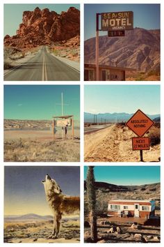 four different pictures of the same desert with mountains in the background and a road sign