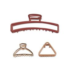 Lock in a twist, bun, or small section of hair with stylish, open-cut metal claw clips from scünci®. Three metal clips—one large, curved red; one medium, rounded gold, and one triangular brown clip—have easy-open hinges and smooth, rounded teeth that hold onto hair with a lasting grip that won’t damage. Count on your style looking great all day! About scünci Hair Accessories When it comes to keeping your look on trend, scünci has you covered with today’s hottest hair accessories, including styli Twist Bun, Claw Clips, Claw Clip, Hinges, Hair Accessories, Twist, Things To Come, Hair, Red