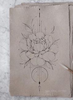 an ink drawing of a flower on top of a piece of paper next to a pair of scissors