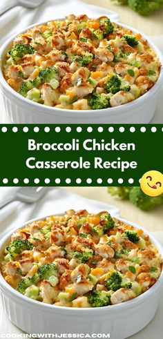 broccoli chicken casserole recipe in a white dish with the title above it