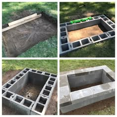 four pictures of cinder blocks being built in the ground and placed on top of each other