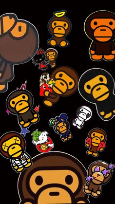 many different types of stickers on a black background with an image of a monkey