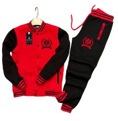 Stay comfortable and stylish with the Home Grown Hustler varsity set. This set includes a varsity jacket and matching jogger pants, both made from a soft and stretchy fabric. The relaxed fit allows for maximum mobility, while the bold logo adds a touch of flair. Whether you're running errands, meeting up with friends, or just lounging at home, this varsity set is a perfect choice. Plus, it's easy to care for – just toss it in the wash and it's good as new. Available in sizes S-XXXL, this varsity Cheap Varsity Tops With Direct To Garment Printing, Casual Cotton Activewear With Three Stripes Branding, Sporty Fleece Tracksuit For Loungewear, Casual Red Tracksuit For Loungewear, Casual Red Sports Sweats, Red Casual Sports Sweats, Casual Red Sweats For Sports, Fleece Athleisure Tracksuit For Leisure, Winter Sports Cotton Sets