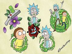 cartoon characters with flowers and plants around them