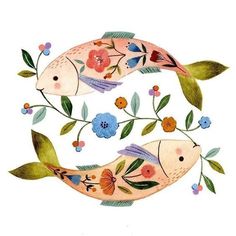 two fish with flowers and leaves painted on them