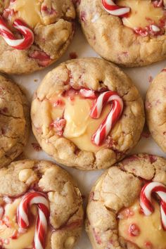 several cookies with candy canes and cheese on top