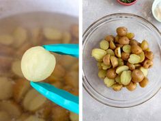 two pictures side by side, one with peeled potatoes and the other with chopped cashews