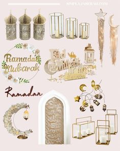 an assortment of gold and white items on a pink background with the words ramada bulecanka written in arabic