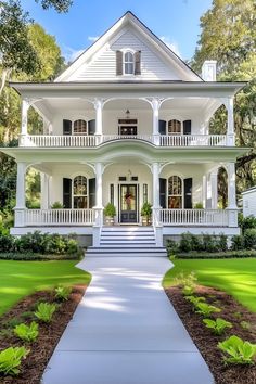 a large white house sitting on top of a lush green field