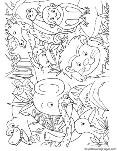 an animal coloring page for kids with different animals and plants on the bottom right hand corner