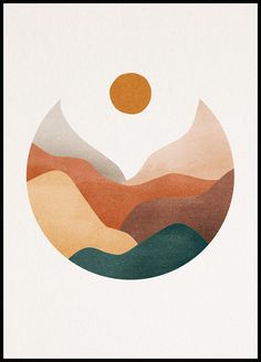 an abstract landscape with mountains and a sun in the middle is featured on a white background