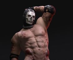 a man with tattoos on his arm and chest, wearing a skull headgear