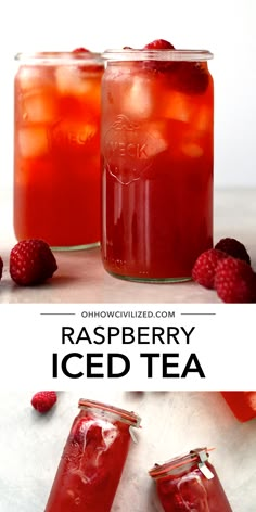 raspberry iced tea in mason jars with strawberries