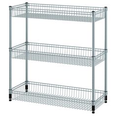 three tiered metal shelving unit with wheels on each side and two baskets on the bottom