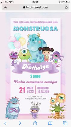 an image of a birthday card with monsters and balloons in the background on a cell phone