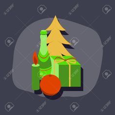 a bottle and christmas tree with presents in front of it on a dark background stock photo