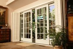 a living room filled with furniture and windows covered in white shutters, next to a potted plant