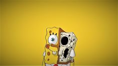 spongebob holding an object in front of a yellow background