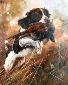 a painting of a dog carrying a bird on its back in a field with tall grass