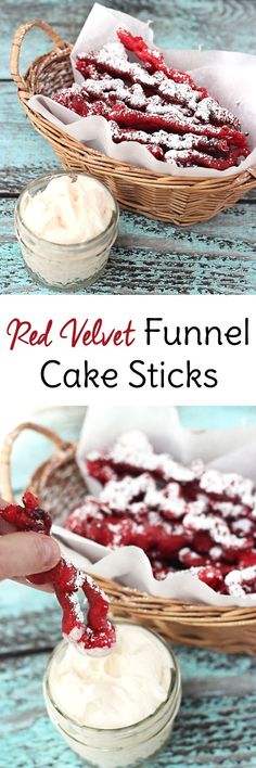 red velvet funnel cake sticks in a wicker basket