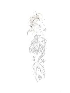 a drawing of a mermaid with stars on her head and tail, standing in the water