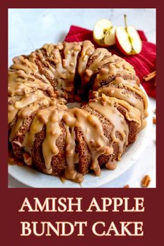 an apple bundt cake with caramel drizzle on top and the words, amish apple bundt cake