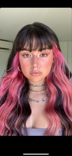 Colored Front Hair Streaks, Dyed Crown Of Hair, Underhair Dye With Bangs, Not Boring Brown Hair, Pink Front Highlights, Lilac Hair With Bangs, Partial Peekaboo Highlights, Half Pink And Black Hair