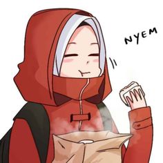 a person wearing a red hoodie and holding a paper in their hand with the words nyem written on it