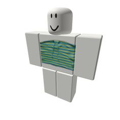 a white cube with a green striped shirt on it's chest