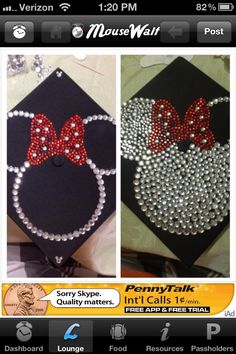 two pictures of minnie mouse graduation caps with red bows and sequins on them